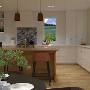 Cocina exótica con fregadero italiano | Interior de cocina con carácter, protagonizado por la distintiva lámpara de cobre Aliso de México. Esta lámpara colgante de forma alargada aporta un toque industrial y, al mismo tiempo, introduce el cálido tono del cobre en el espacio. Al fondo se aprecia el patchwork mexicano Azul Luz, que con sus azulejos de cerámica crea un mosaico de colores excepcional. En primer plano se observa parte de la isla de cocina, donde se encuentra el fregadero italiano Campo di Girasoli, cuyo acabado pintado a mano añade un encanto único.