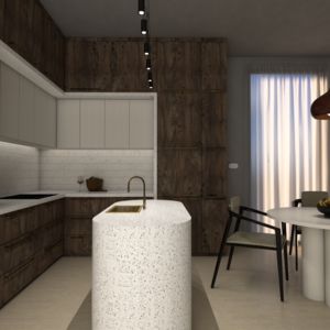 Elegancja w minimalizmie: Drewniano-Marmurowa Kuchnia z Jadalnią | Kuchnia i jadalnia w jednym