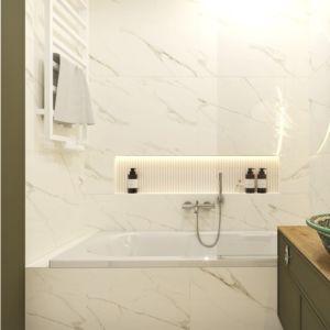 Projekt łazienki z ręcznie malowaną umywalką z Maroka | Umywalka marokańska w jasnej łazience z wanną