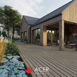 Projekt ogrodu na skarpie bez trawnika przy nowoczesnej stodole w Ełku | ACER Ogrody