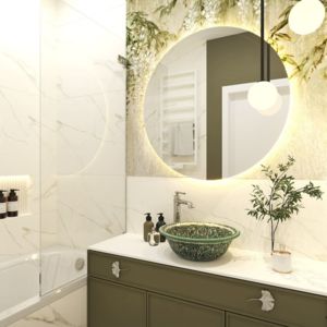 Projekt łazienki z ręcznie malowaną umywalką z Maroka | Jasna łazienka z wzorzystą umywalką