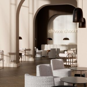 Eine moderne und elegante Schokoladenlounge | Interieur mit Kupferlampen