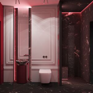 Mexican Sink in a Futuristic Bathroom | A wide perspective showcases the harmony between a modern luxury bathroom and an exotic accent. The Serena sink, handmade and hand-painted, stands out against walls illuminated with intense red. Perfect for bold countertop projects.
Product: https://www.cerames.eu/serena-talavera-black-and-white-sink-17194.html