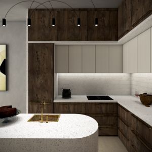 Elegancja w minimalizmie: Drewniano-Marmurowa Kuchnia z Jadalnią | Harmonia materiałów: Drewno spotyka marmur