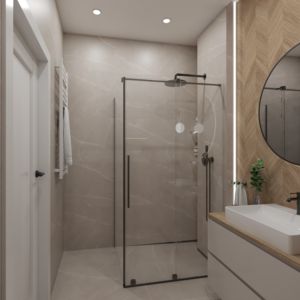 Projekt kaszmirowej łazienki z dodatkiem drewna