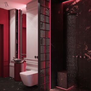 Mexican Sink in a Futuristic Bathroom | This design blends classic and futuristic styles, with the Mexican sink as the key element. Each shot emphasizes the hand-painted Serena sink, bringing an exotic character to the interior. Perfect for those seeking original and elegant Talavera countertop sinks.
Product: https://www.cerames.eu/serena-talavera-black-and-white-sink-17194.html