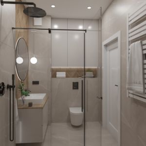 Projekt kaszmirowej łazienki z dodatkiem drewna