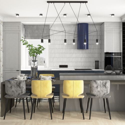 Pastelowa kuchnia z granatowym okapem