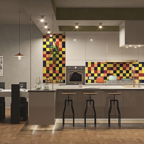 Colorful kitchen with Mexican patchwork