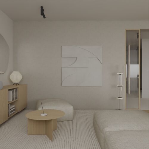 Wizualizacje salonu w stylu Japandi  -  wersja 2