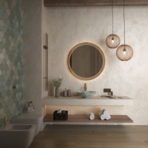 Natural elegance – bathroom with Baila sink and fish scale mosaic