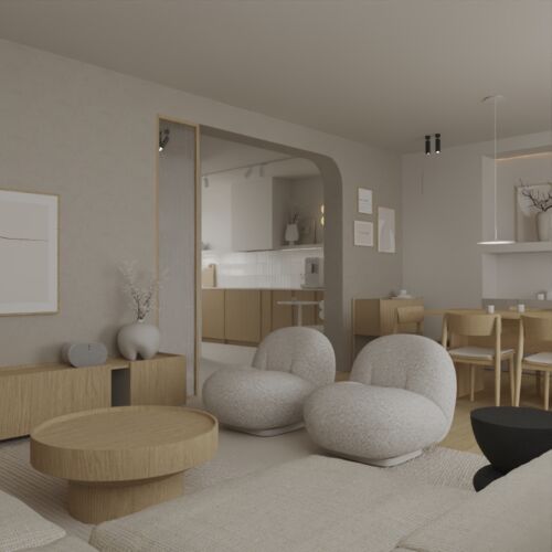 Wizualizacje salonu w stylu Japandi - wersja 1