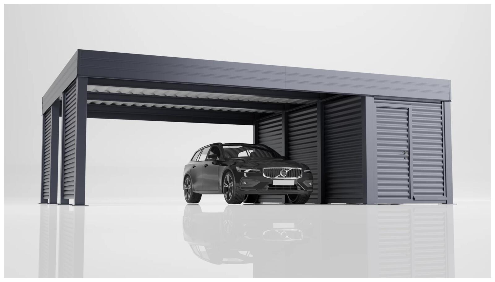 Wiaty, Wiata garażowa z pom. gosp. z boku z profilowanej stali typu FALA, HurtownikGroup Sp. z o.o.