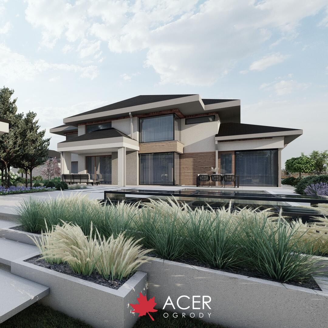 PROJEKT OGRODU w PUSZCZY BIAŁOWIESKIEJ - NOWOCZESNOŚĆ i NATURA - basen, altana z letnią kuchnią