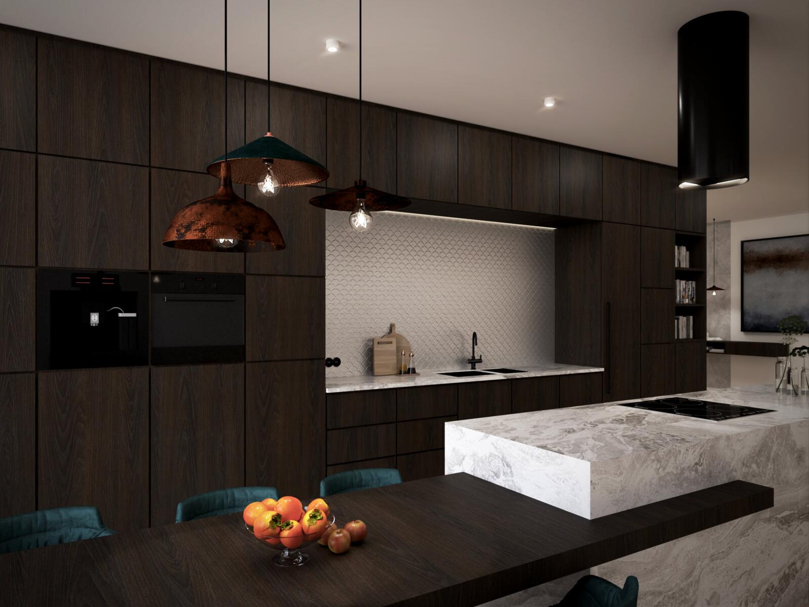 The dining room features a dominant wooden table with...