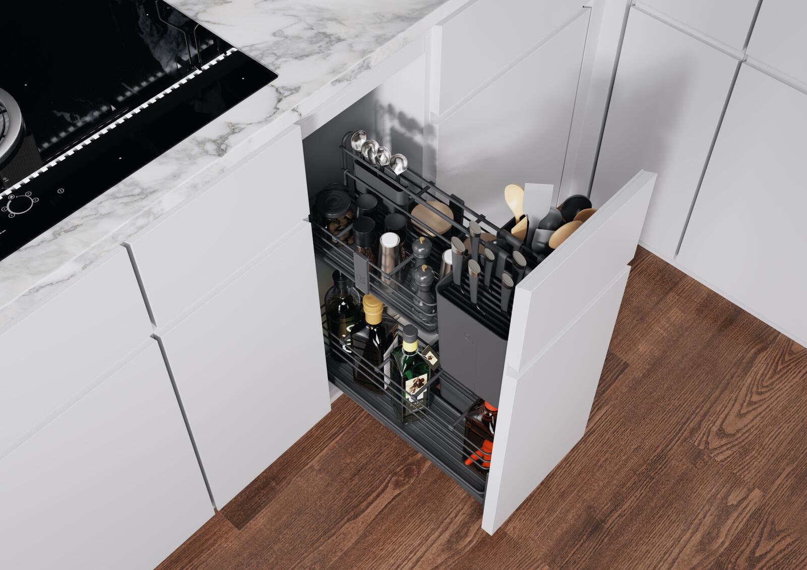 Under-counter storage in the cooking zone