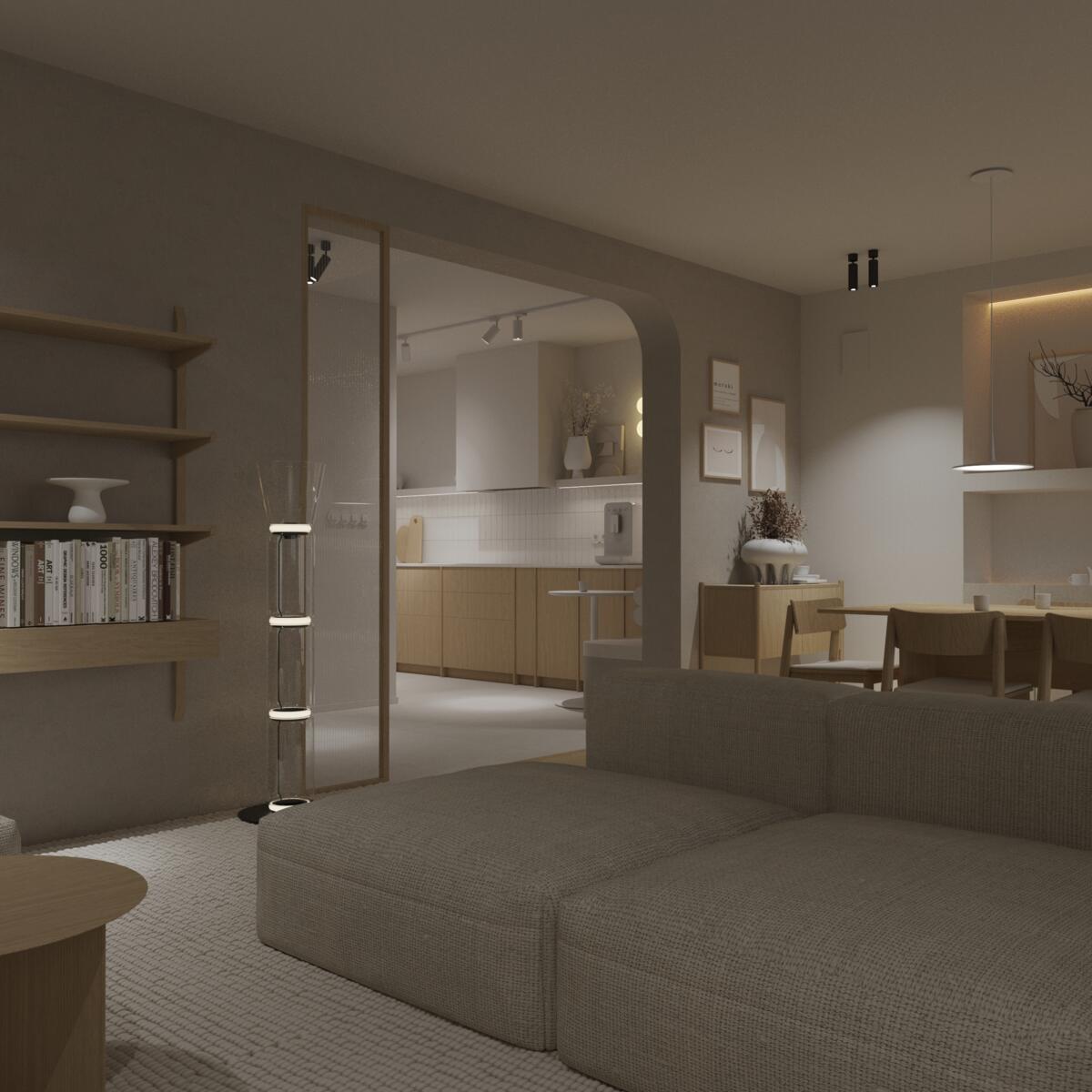 Wizualizacje salonu w stylu Japandi - wersja 2