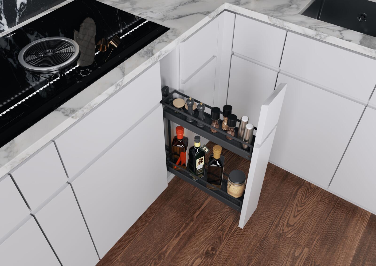 Under-counter storage in the cooking zone