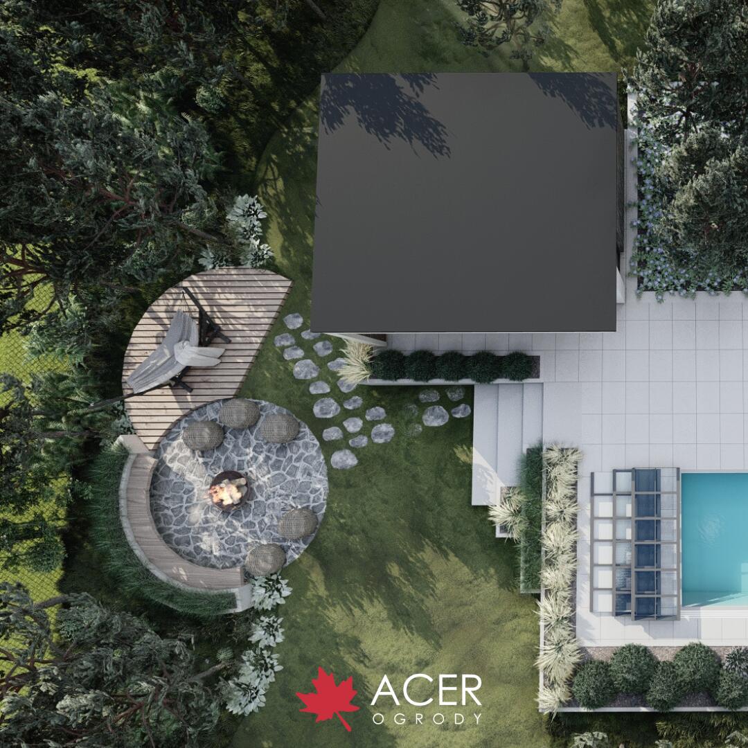PROJEKT OGRODU w PUSZCZY BIAŁOWIESKIEJ - NOWOCZESNOŚĆ i NATURA - basen, altana z letnią kuchnią