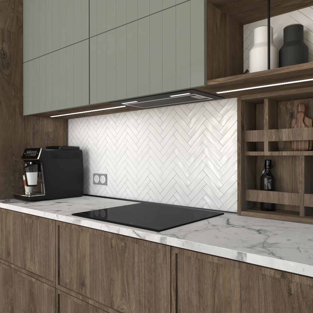 A functional cooking area with a white herringbone...
