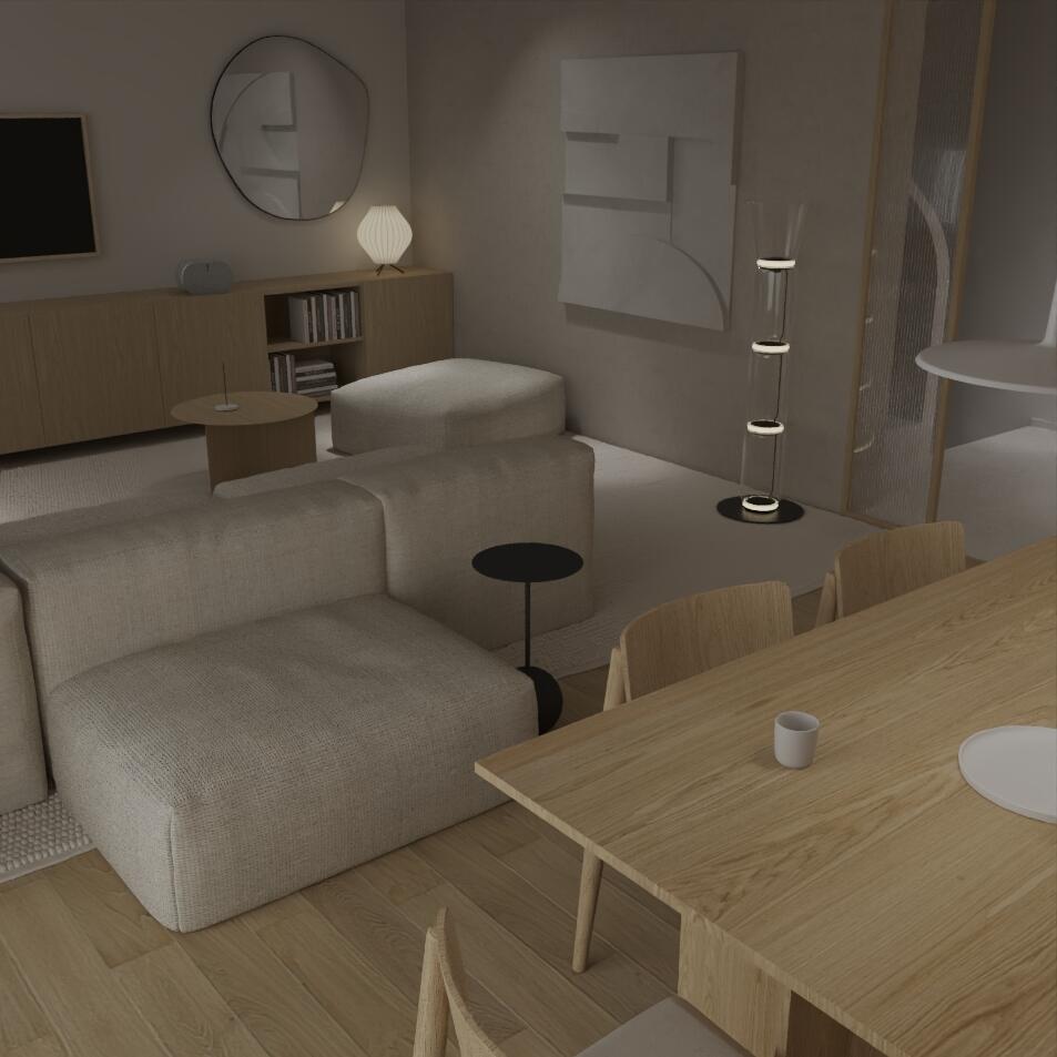Wizualizacje salonu w stylu Japandi - wersja 2