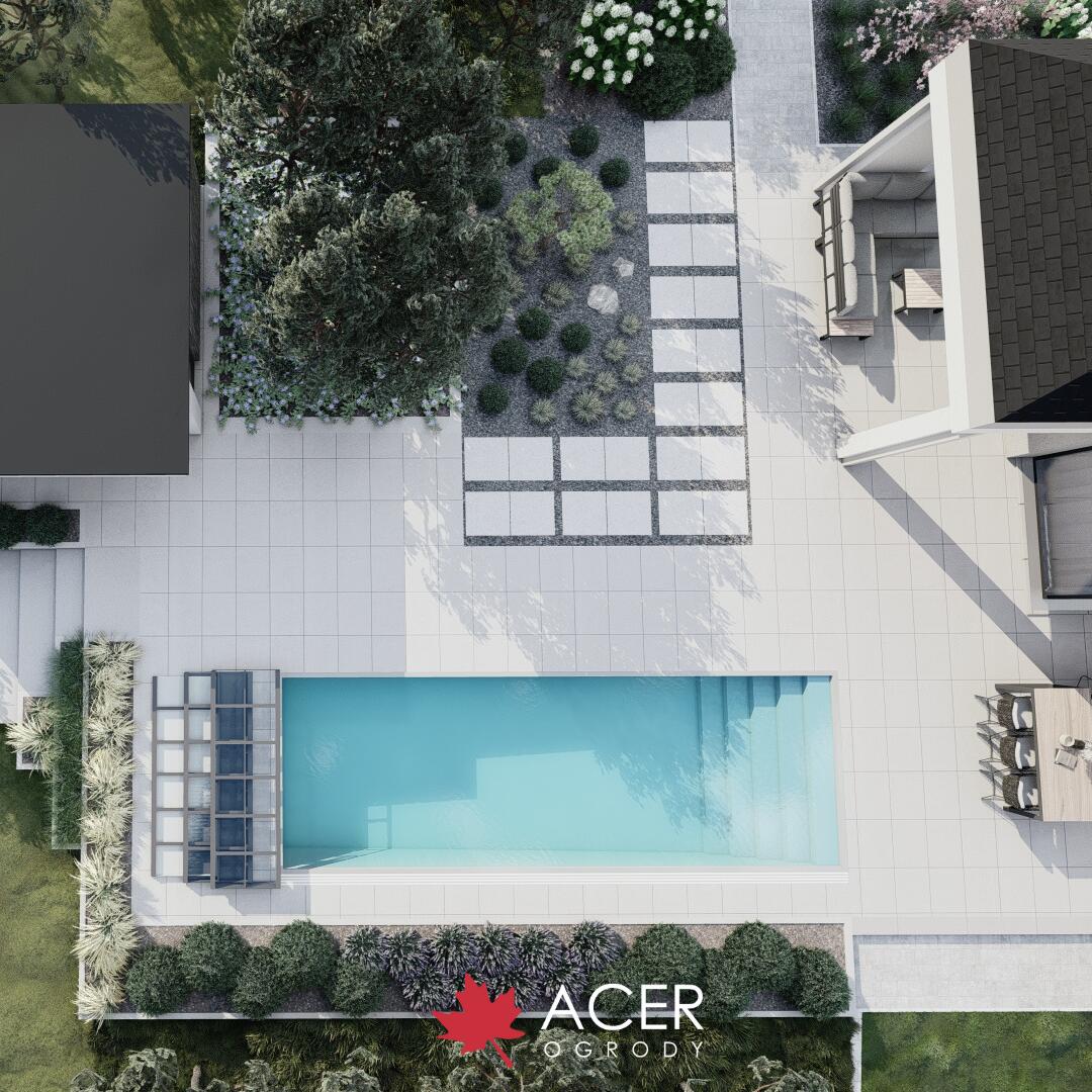 PROJEKT OGRODU w PUSZCZY BIAŁOWIESKIEJ - NOWOCZESNOŚĆ i NATURA - basen, altana z letnią kuchnią