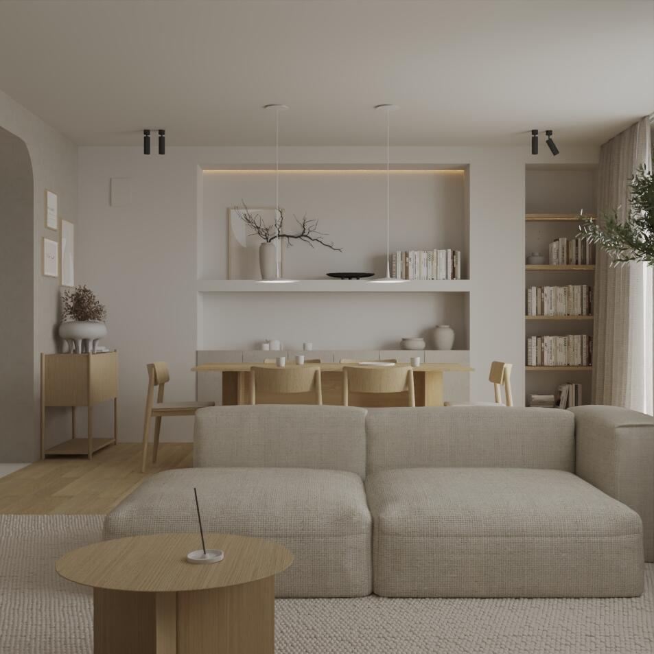 Wizualizacje salonu w stylu Japandi - wersja 2