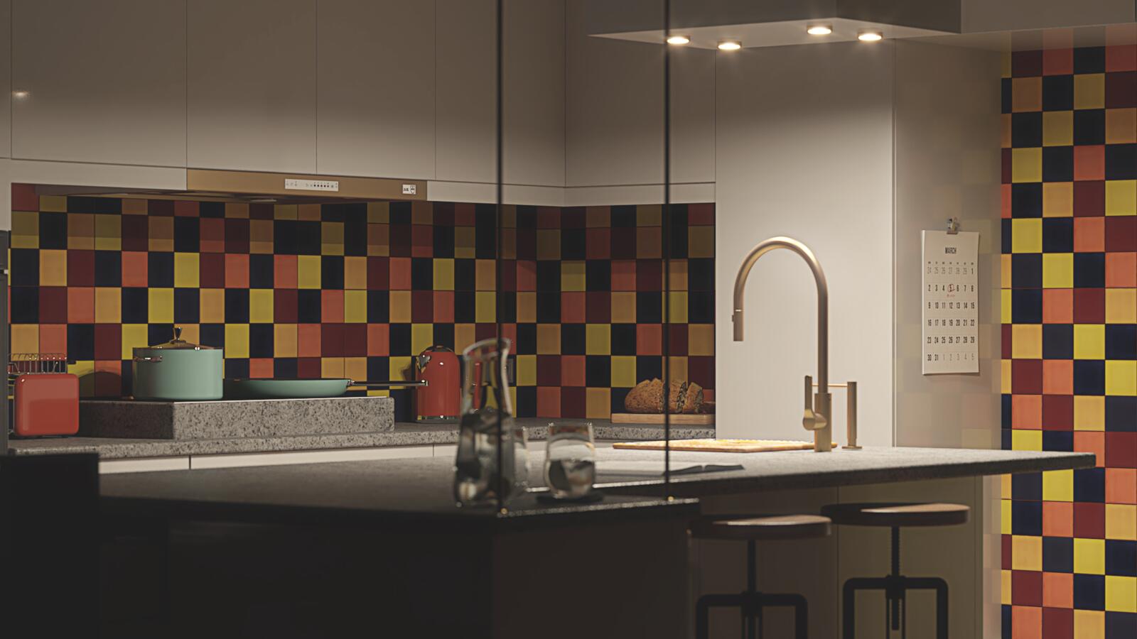 A close-up of the kitchen sink and colorful Intenso...