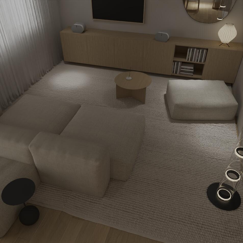 Wizualizacje salonu w stylu Japandi - wersja 2