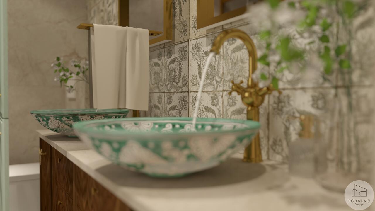 Il bagno unisce un'atmosfera rustica a soluzioni moderne....