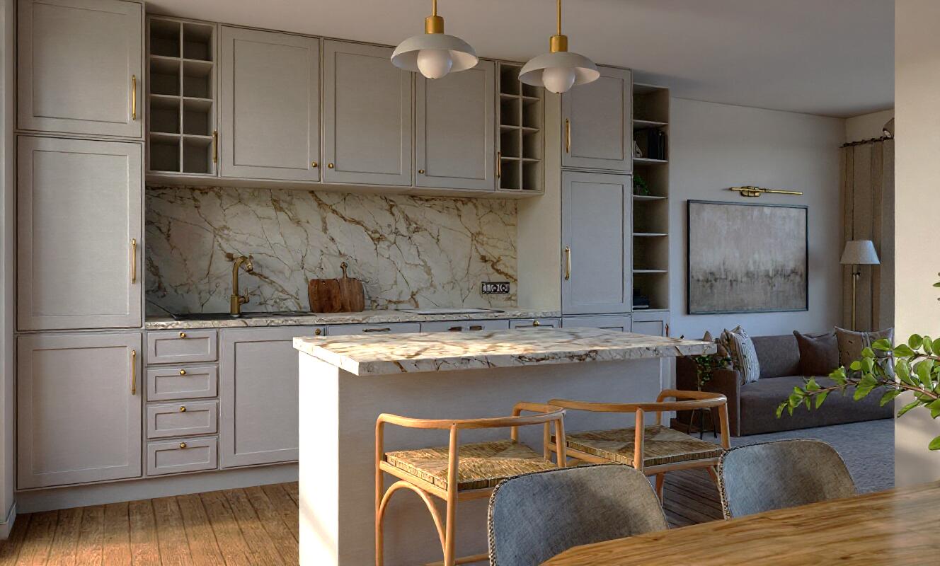 Mieszkanie 48 m² w stylu Modern Heritage. Klasyka i funkcjonalność dla 2 pokojowego mieszkania.