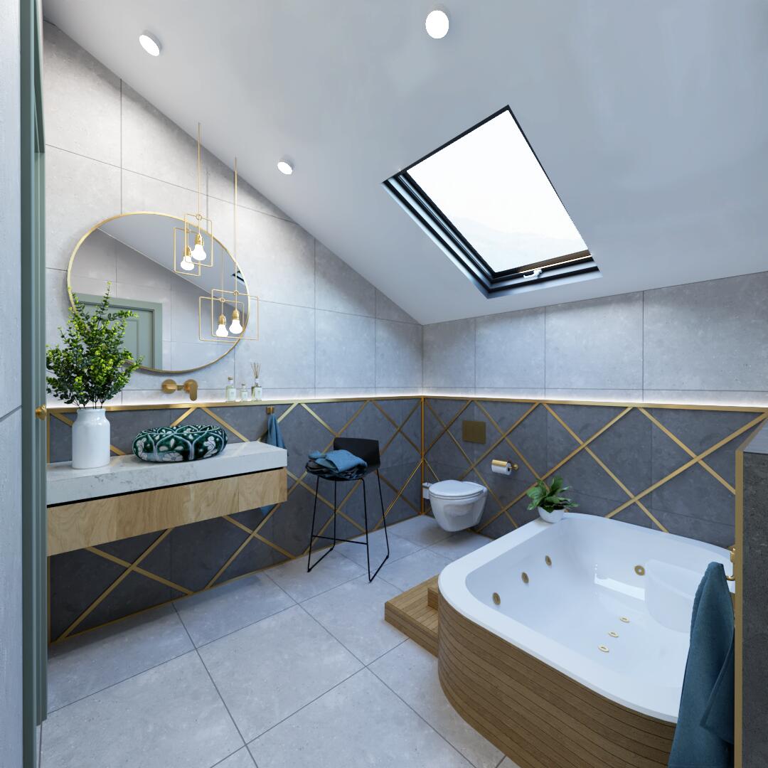 This spacious attic bathroom radiates modern design,...