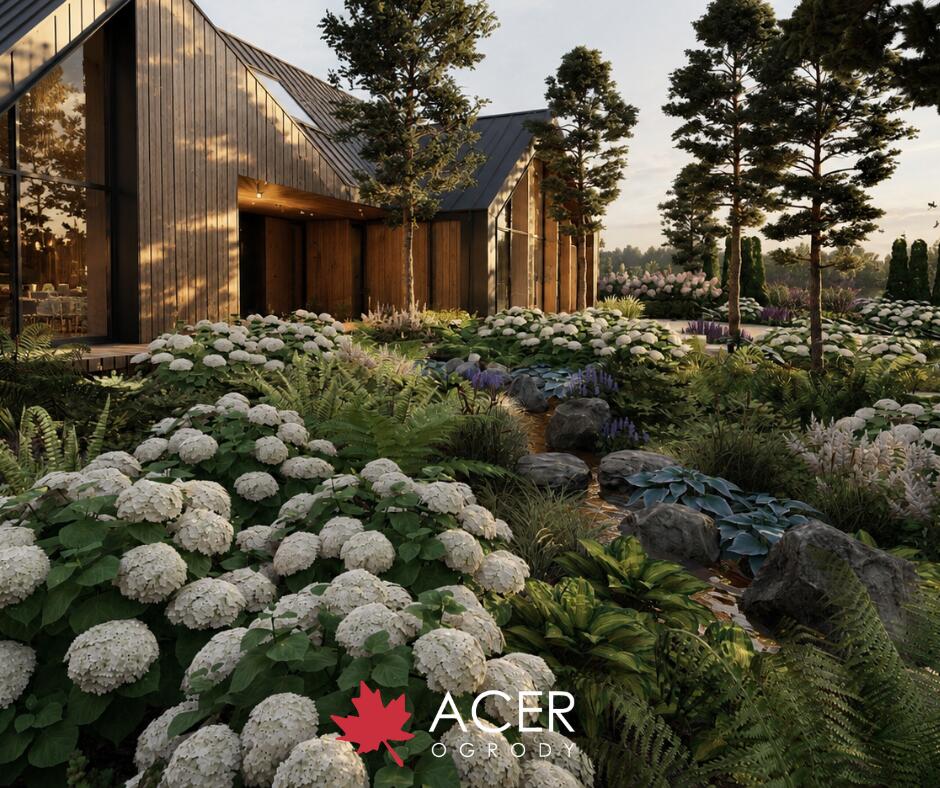 Projekt ogrodu na skarpie bez trawnika przy nowoczesnej stodole w Ełku | ACER Ogrody