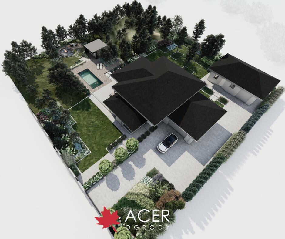 PROJEKT OGRODU w PUSZCZY BIAŁOWIESKIEJ - NOWOCZESNOŚĆ i NATURA - basen, altana z letnią kuchnią