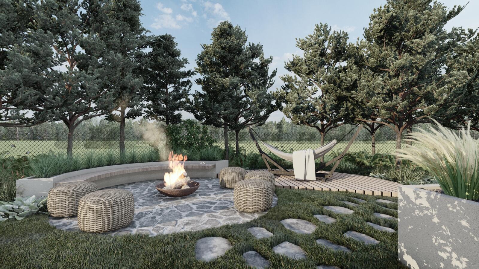 PROJEKT OGRODU w PUSZCZY BIAŁOWIESKIEJ - NOWOCZESNOŚĆ i NATURA - basen, altana z letnią kuchnią