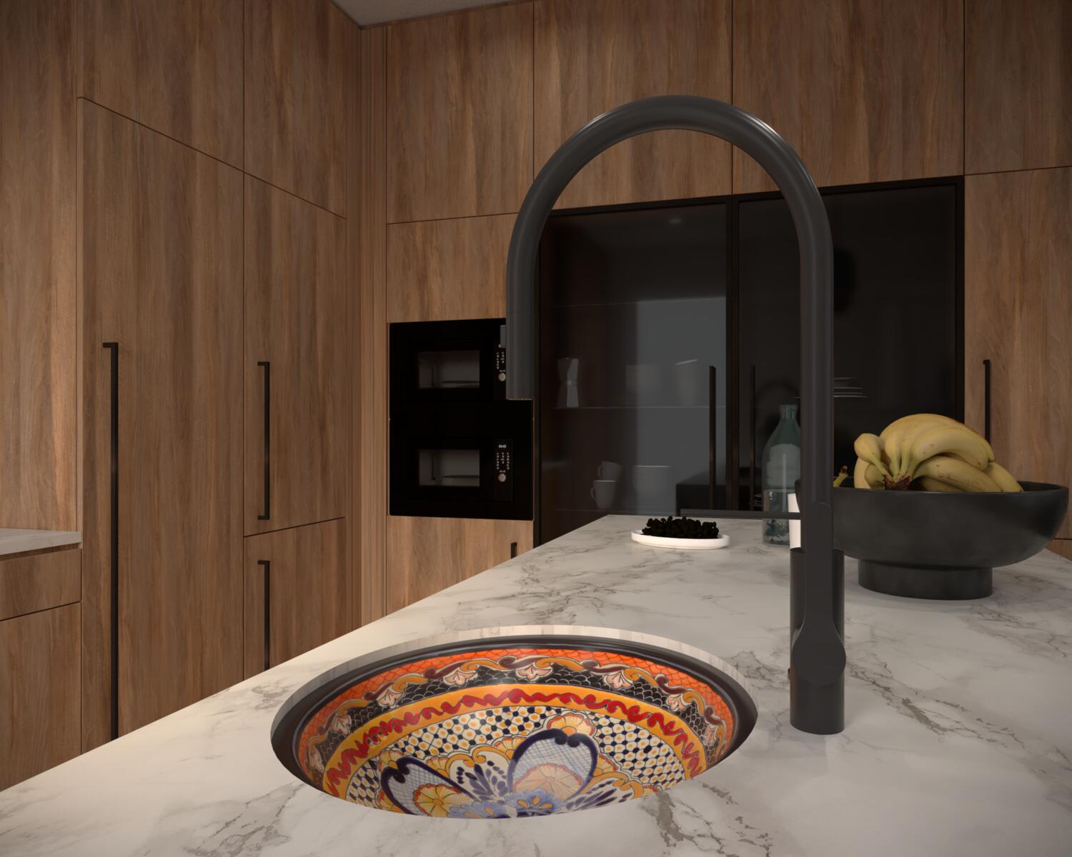 The focal point of this kitchen is the unique round...