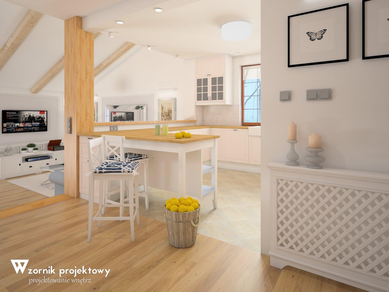 WNĘTRZE INSPIROWANE STYLEM HAMPTON – SALON Z KUCHNIĄ