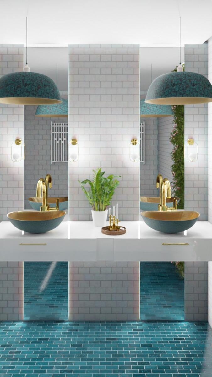 This bathroom perspective shows two handmade Picaflor...