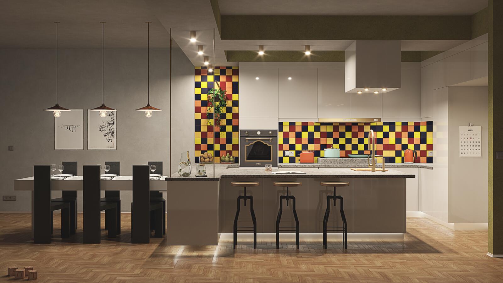 Colorful kitchen with Mexican patchwork