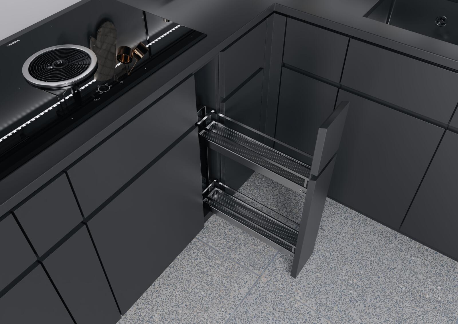 Under-counter storage in the cooking zone