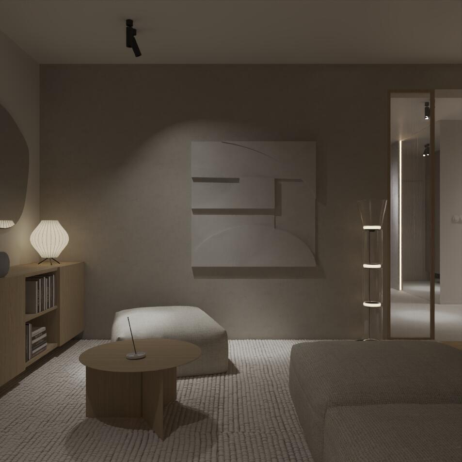 Wizualizacje salonu w stylu Japandi - wersja 2