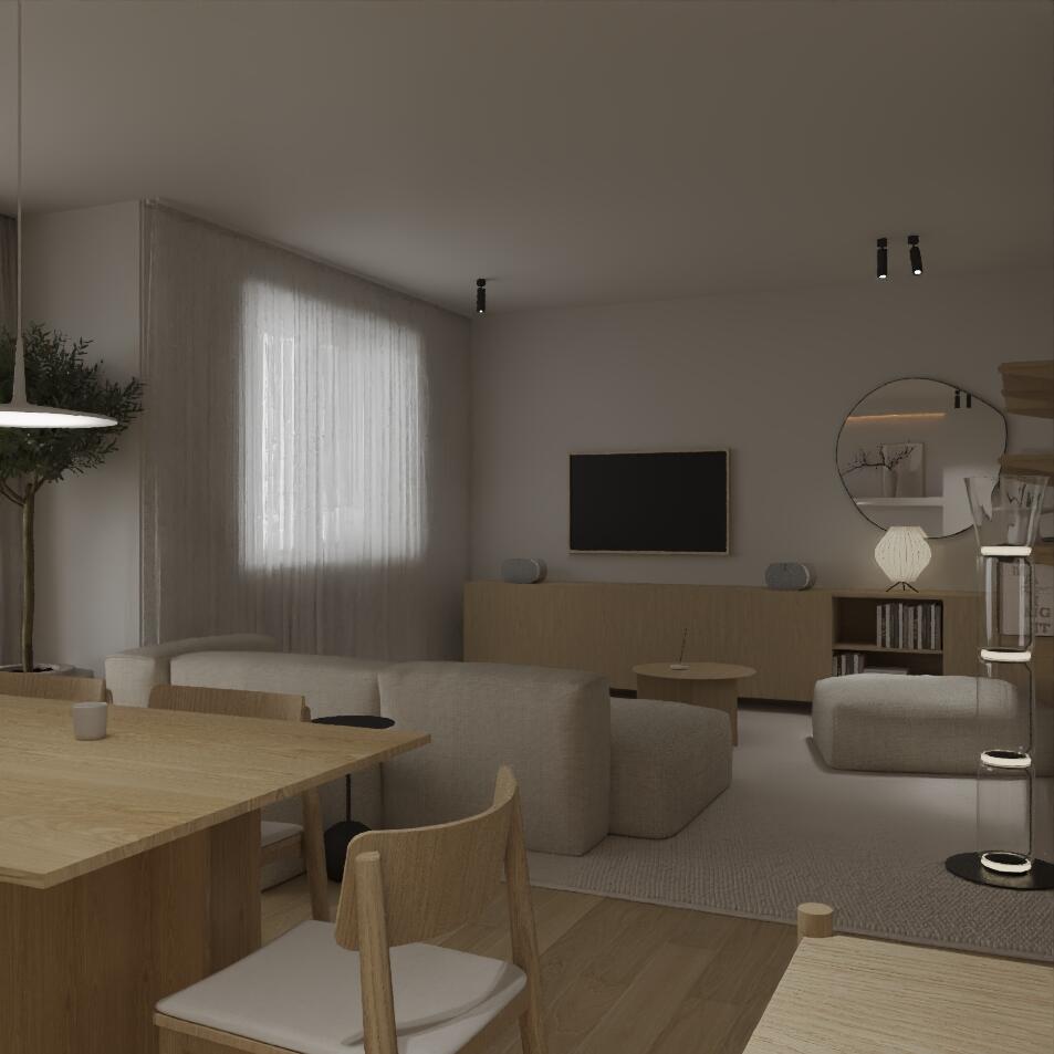 Wizualizacje salonu w stylu Japandi - wersja 2