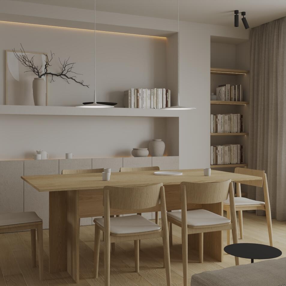 Wizualizacje salonu w stylu Japandi - wersja 2