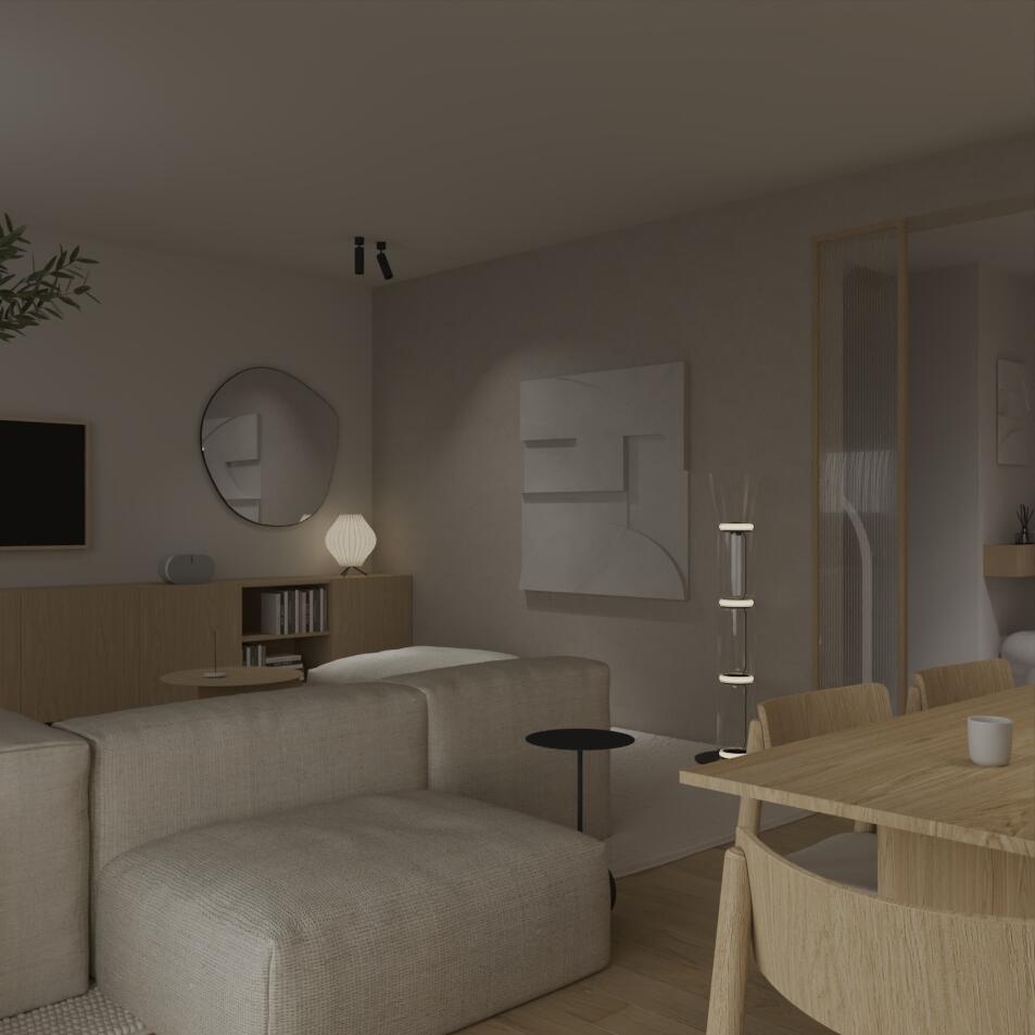 Wizualizacje salonu w stylu Japandi - wersja 2