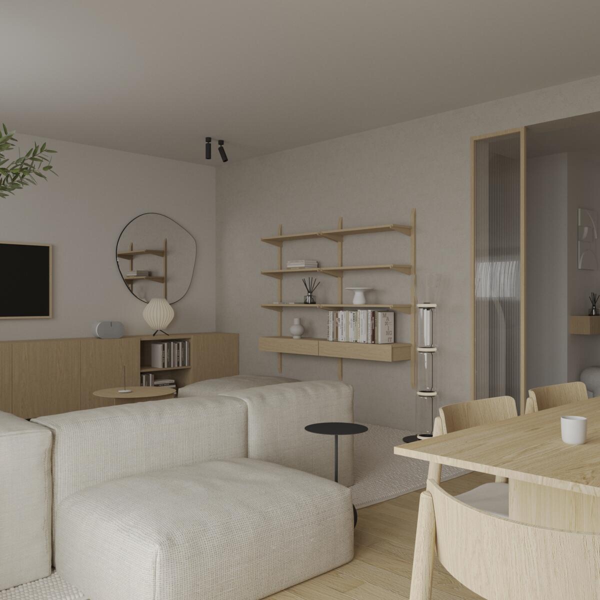 Wizualizacje salonu w stylu Japandi - wersja 2