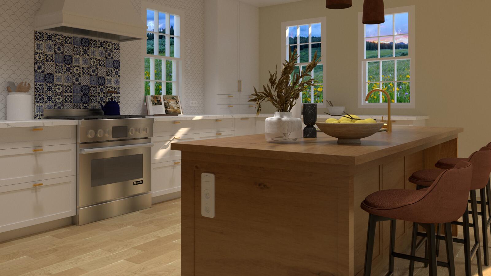 This gallery presents various perspectives of a kitchen...