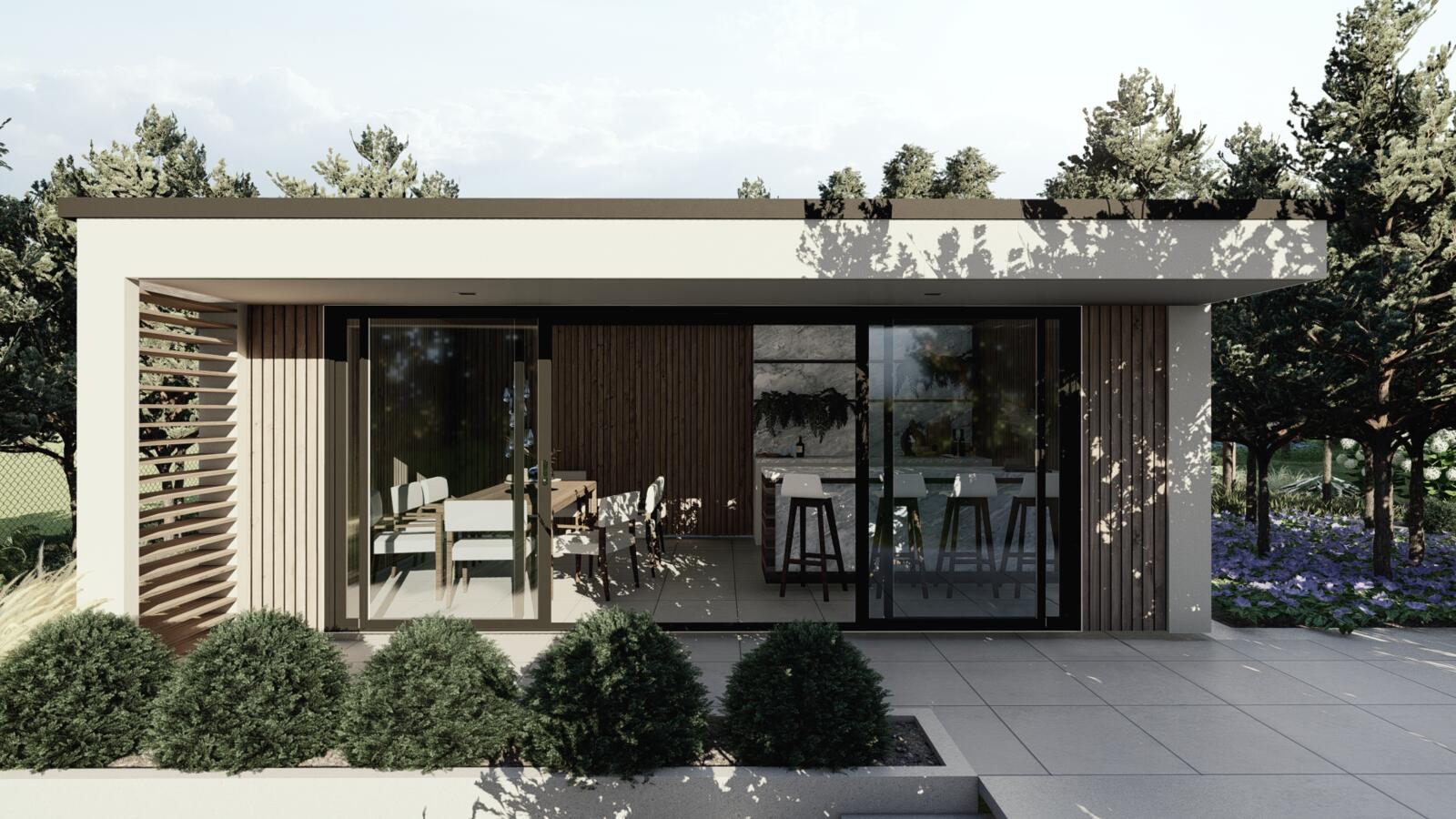 PROJEKT OGRODU w PUSZCZY BIAŁOWIESKIEJ - NOWOCZESNOŚĆ i NATURA - basen, altana z letnią kuchnią