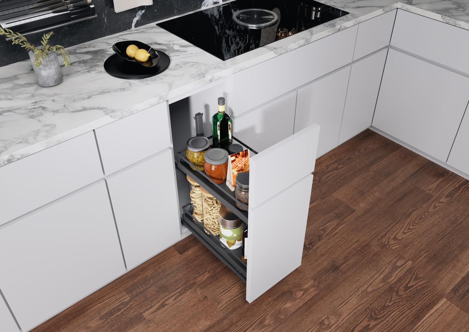 Under-counter storage in the cooking zone