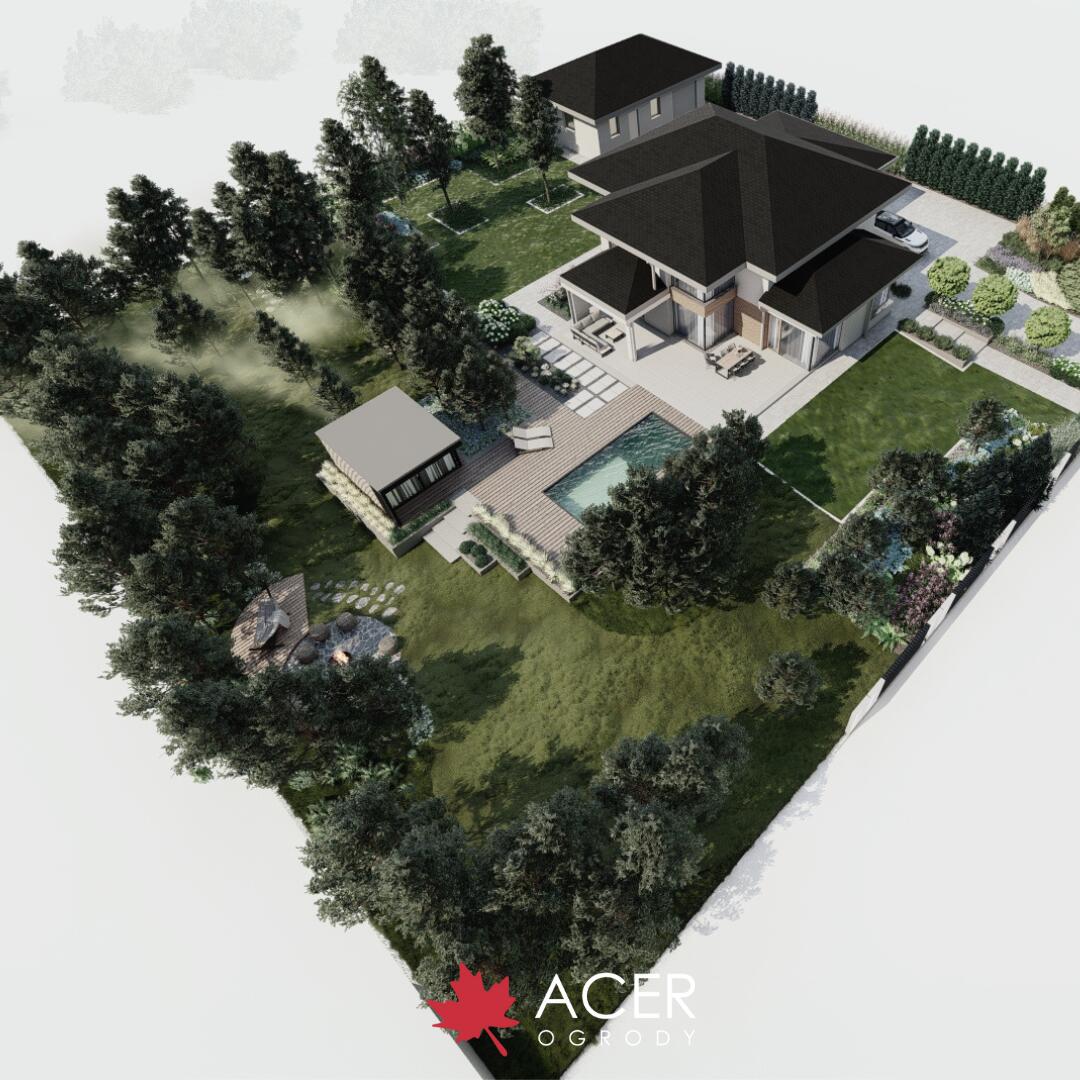 PROJEKT OGRODU w PUSZCZY BIAŁOWIESKIEJ - NOWOCZESNOŚĆ i NATURA - basen, altana z letnią kuchnią