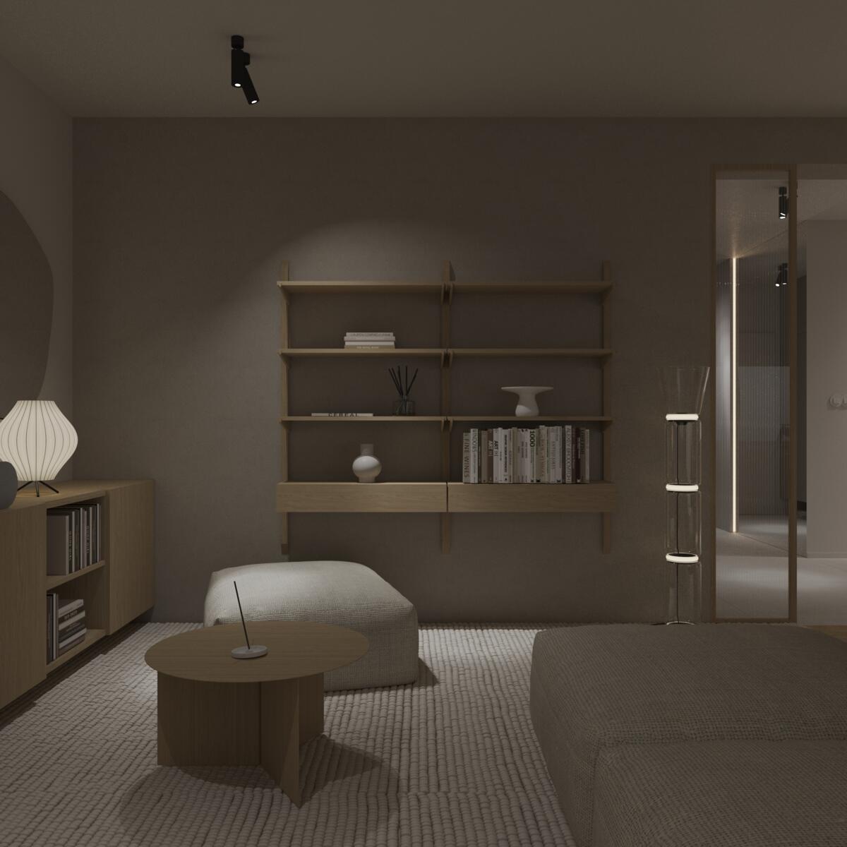 Wizualizacje salonu w stylu Japandi - wersja 2